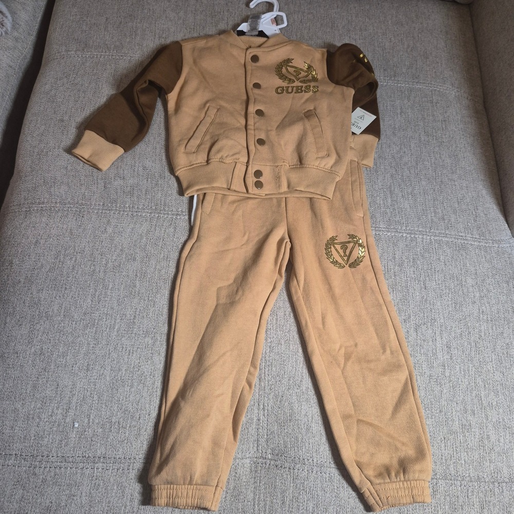 Guess Kids 3pc Varsity Tracksuit Set Tan Brown Gold Logo Jacket Joggers Tee NWT